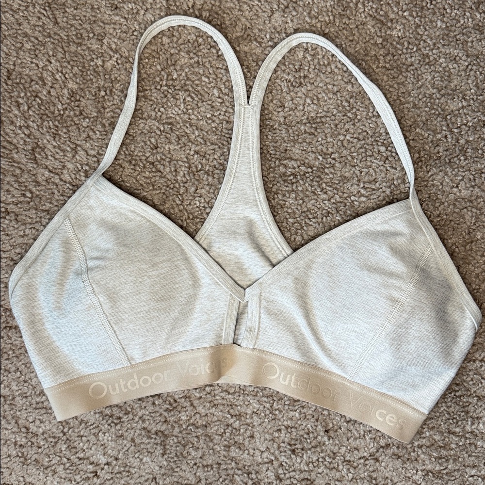 Outdoor Voices Cream Racerback Softcup Bra with Branded Band